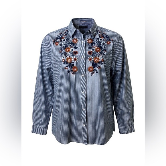 Beachy Cotton oversized blue and white striped long sleeve with floral embroider - Picture 1 of 8